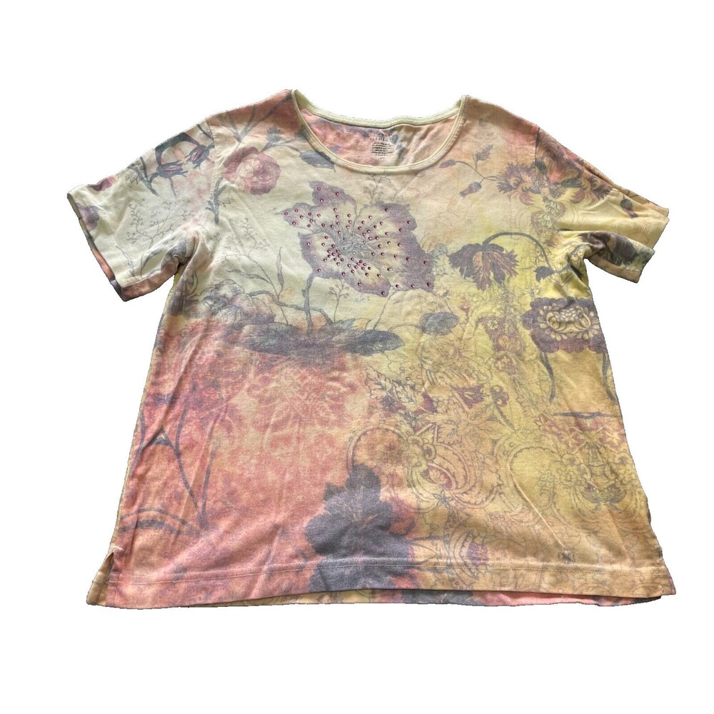 Classic Elements Shirt Womens Medium M Top Floral Purple Yellow Embellished